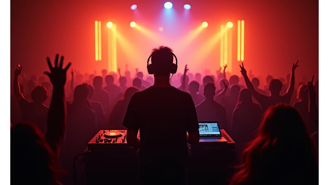 Dynamic shot of a DJ performing at a packed underground electronic music event, bathed in neon lights.