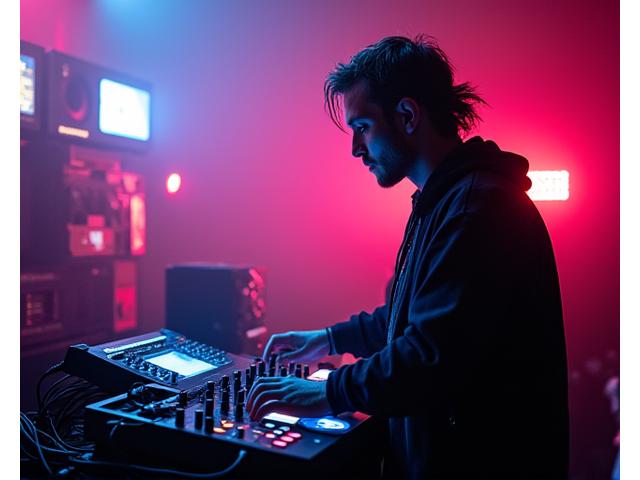 Bass music producer mixing tracks in a futuristic studio