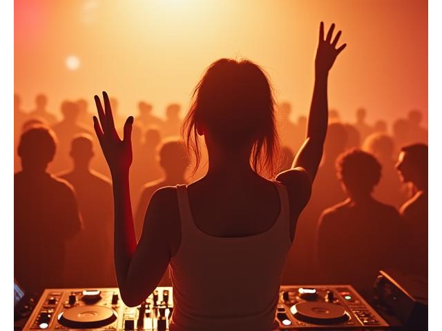 Female DJ celebrating with crowd during a house music festival