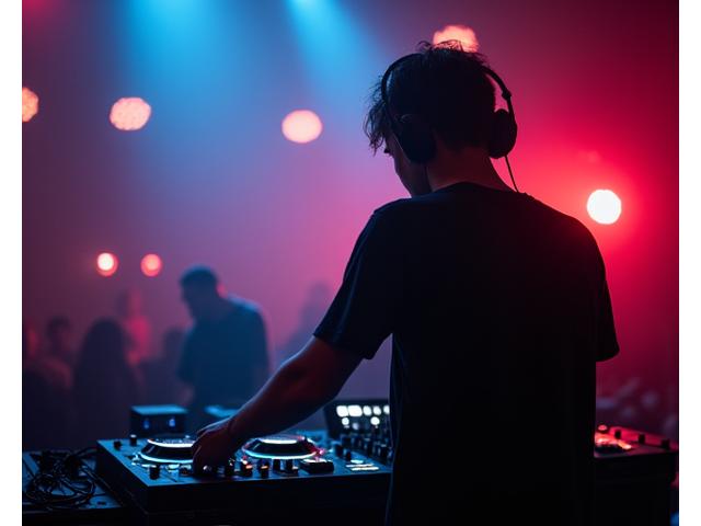 DJ performing a techno set in a dark, atmospheric club