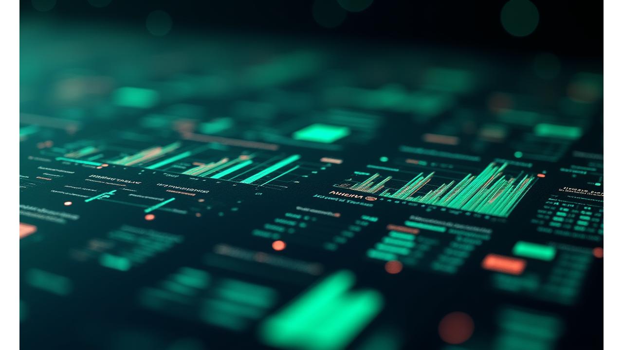 Futuristic holographic dashboard displaying event metrics: attendance trends, engagement levels, and financial performance with neon lines and dynamic graphs