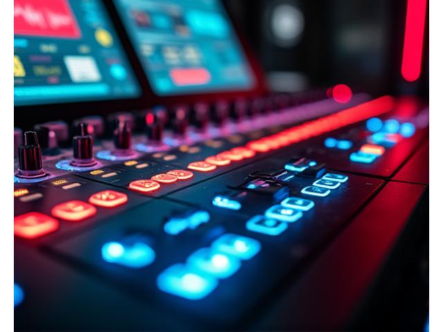 Dramatically lit console with abstract sound waves and glowing data points representing real-time event metrics.