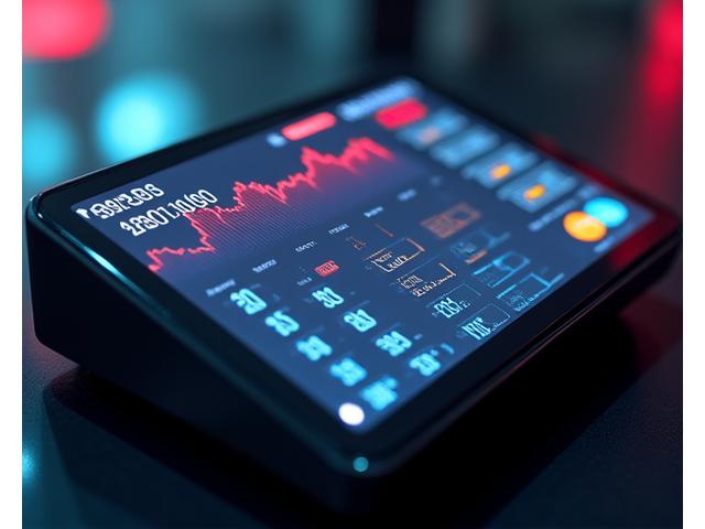Sleek, futuristic cash register or POS system displaying financial graphs and digital currency symbols in neon tones.