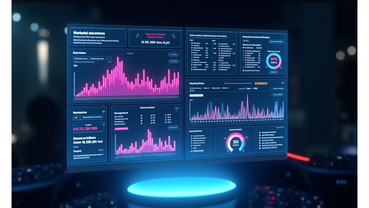 Futuristic holographic dashboard displaying marketing KPIs, campaign performance, and audience demographics