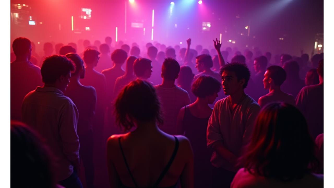 Diverse and energetic crowd interacting at an underground electronic music event, bathed in neon lights