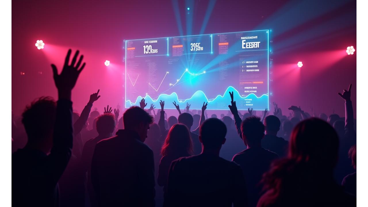 Dynamic visual representation of an electronic music marketing campaign with data points and energetic crowd in background