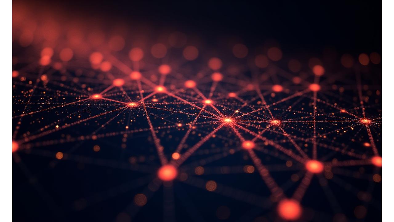 Abstract network of glowing nodes representing influential figures in electronic music linked to a central event