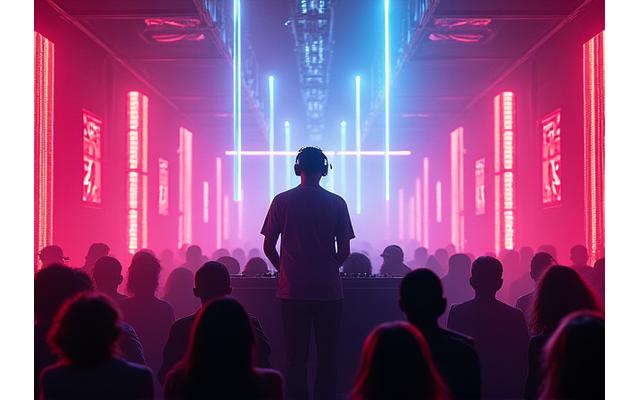 Bass music artist surrounded by vibrant light during a performance