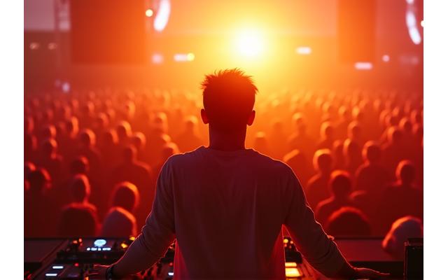 House DJ with arms raised, interacting with crowd in sunny outdoor setting