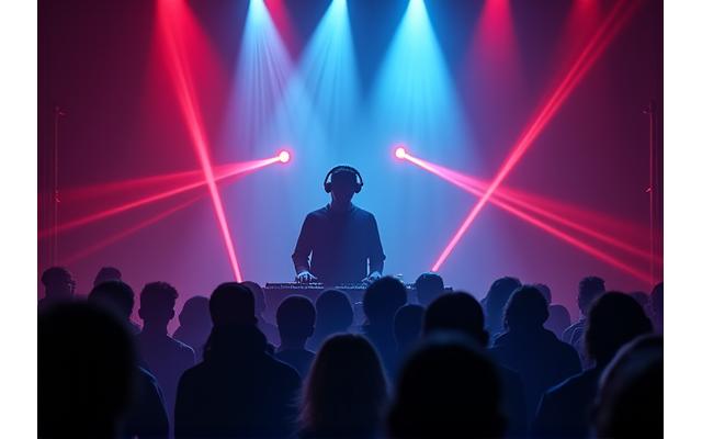 Techno DJ performing under flashing lights in underground club