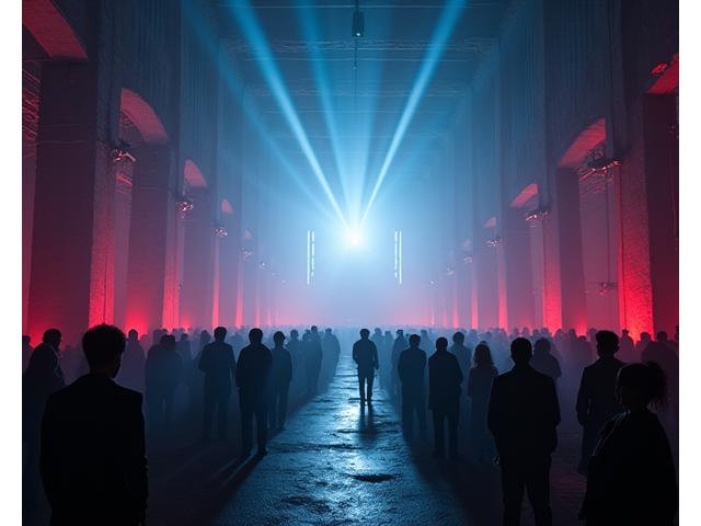 A dimly lit, industrial-style warehouse space in Denver, transformed by vibrant laser patterns and silhouettes of a dancing crowd, hinting at a secret event.