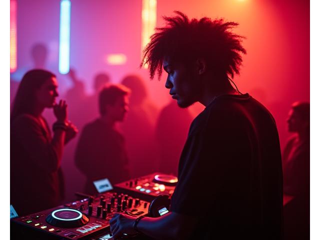 A diverse DJ performing in an intimate club setting, bathed in warm, futuristic neon lights, reflecting growth and community.