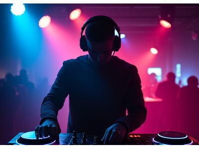 Abstract depiction of a DJ behind decks with shimmering lights