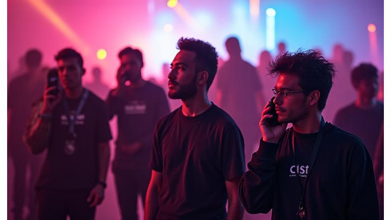 Event staff coordinating with walkie-talkies at a vibrant electronic music venue