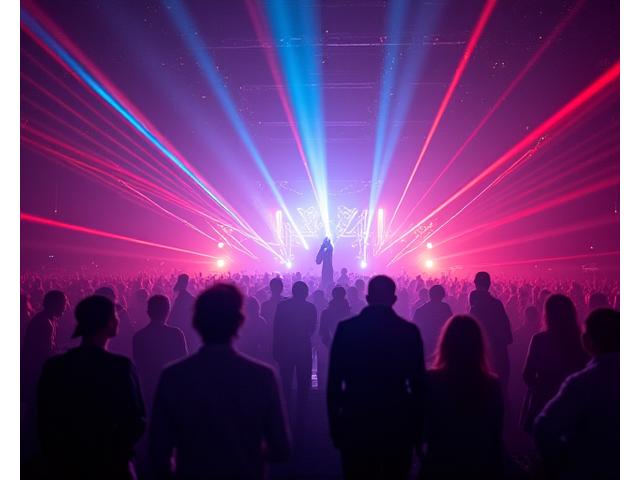 Dynamic laser light show illuminating a dance floor at an underground electronic music event