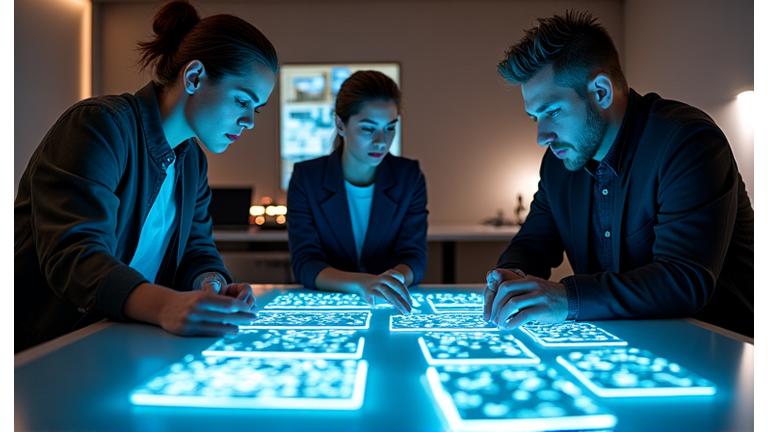 Team collaborating on event planning in a darkened room with neon glow