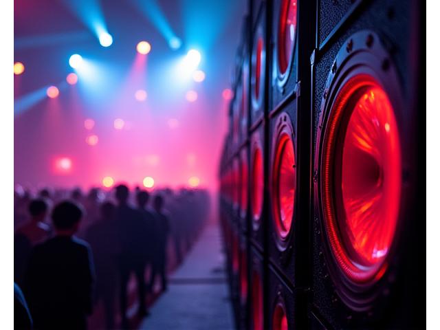 Powerful subwoofers and speaker stacks at an electronic music event, glowing with neon light