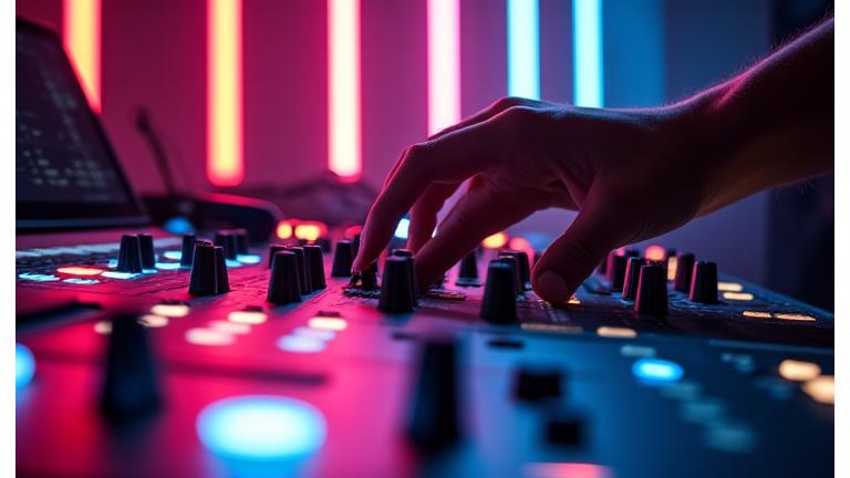 Sound engineers at a mixing board during a live electronic music event