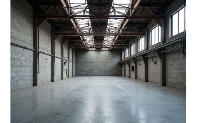 Empty industrial warehouse space with concrete floors and high ceilings
