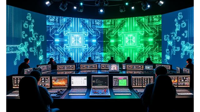 Control room setup for a hybrid event, showing monitors displaying live feeds and sound waves, with digital projections in the background.