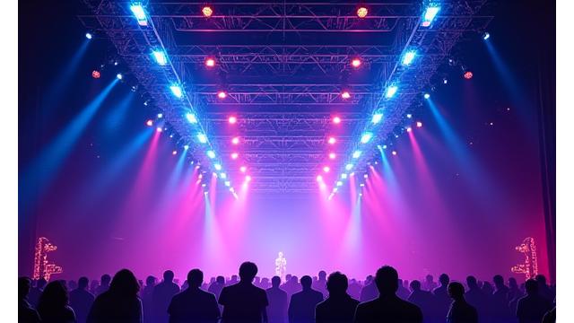 Intricate custom lighting truss illuminated with dynamic neon colors at a Denver concert, creating a futuristic ambiance.