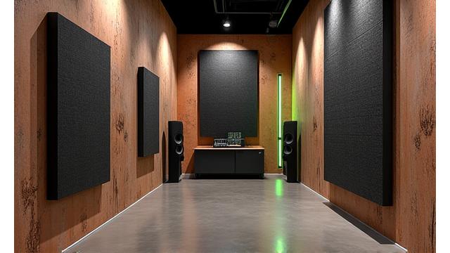 Unique sound installation in an industrial venue, showcasing custom-designed acoustic panels and strategically placed speakers.