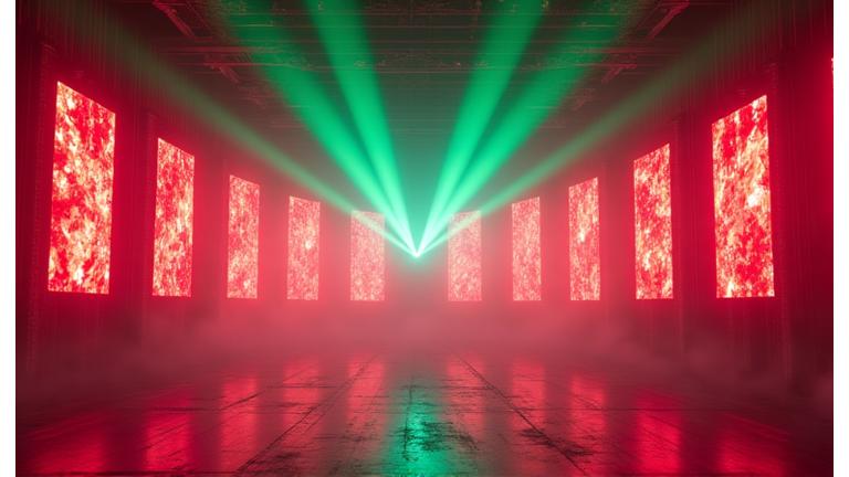 Dynamic lighting display at an electronic music event, featuring laser beams and vibrant LED patterns illuminating a dance floor.