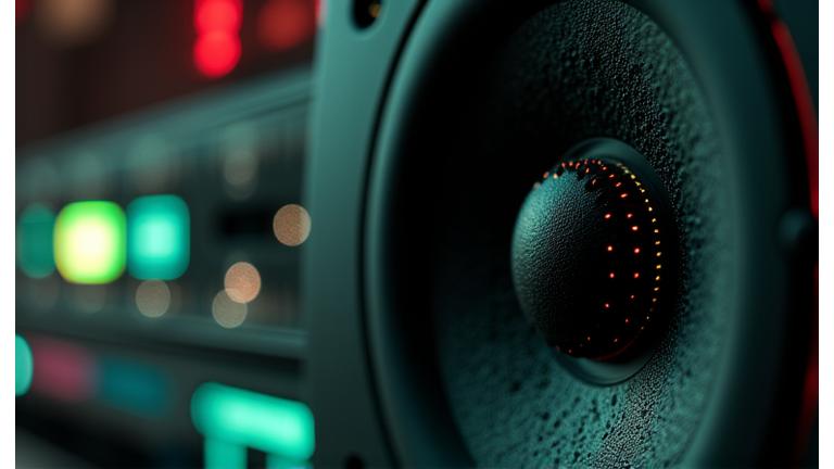 Close-up of a high-fidelity speaker system with glowing neon accents, designed for electronic music events.