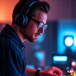 Portrait of a focused audio engineer wearing headphones, adjusting settings on a digital sound mixing console with warm stage lights in the background.