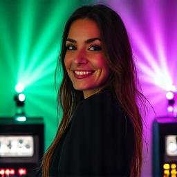 Portrait of a vibrant lighting designer smiling, in front of a complex lighting console with colorful light beams in the background.