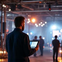 Portrait of a calm, organized production manager holding a tablet, overseeing a busy event setup in a warehouse venue.