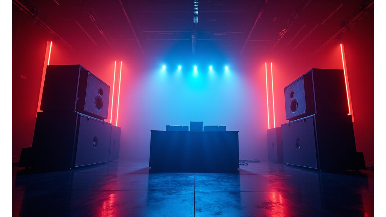 Panoramic view of a modern electronic music event setup with a stage bathed in neon lights and perfectly arranged high-fidelity speakers.