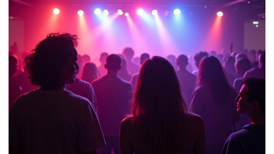 Diverse crowd enjoying an electric underground music event with neon lights and haze, showing respectful dancing and interaction, capturing the community vibe.