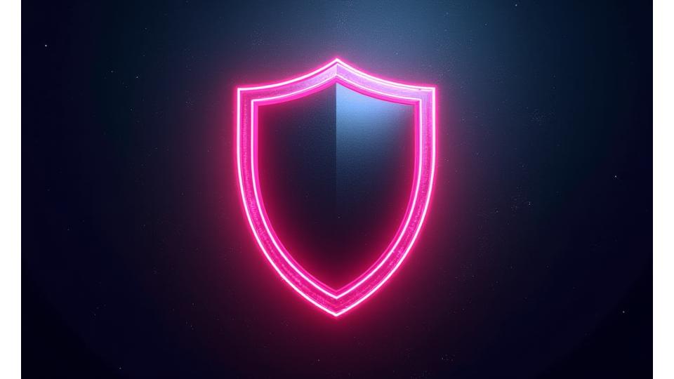 Abstract digital shield or protective barrier, glowing with vibrant neon lines in primary (#00FFAB) and secondary (#E94560) accent colors, representing legal protection and data security.