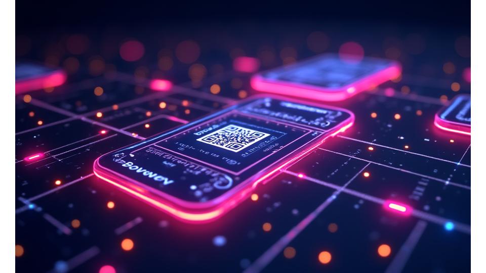 Stylized abstract representation of digital tickets or blockchain symbols, glowing with neon lines against a dark background, illustrating secure and modern ticketing.