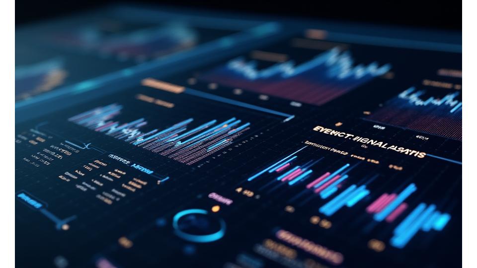 A futuristic dashboard displaying real-time sales charts and attendee data with glowing holographic elements, symbolizing powerful event analytics.