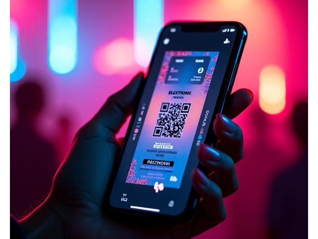 A hand holding a smartphone displaying a sleek event ticketing app with a glowing abstract background, representing modern mobile accessibility.
