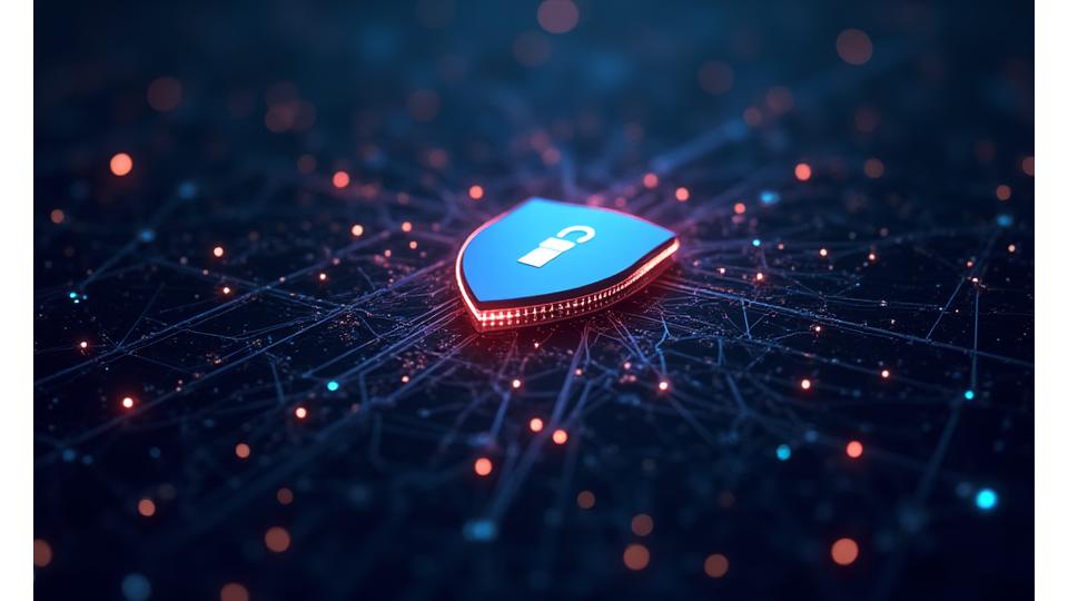 Cybersecurity abstract with glowing data streams and padlock icon, symbolizing advanced fraud prevention and data encryption.