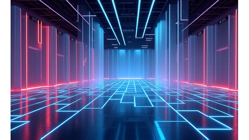 3D rendering of a futuristic event space with glowing geometric structures and laser lights.
