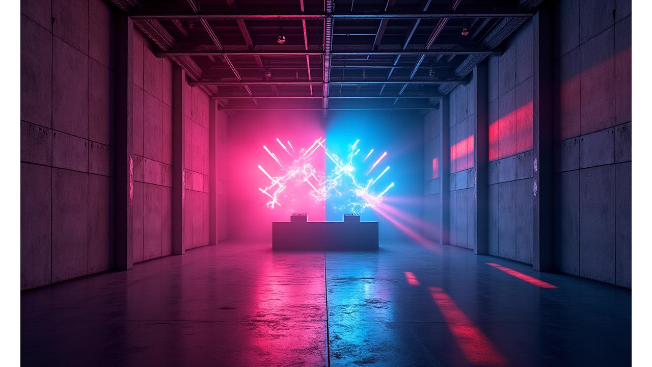 Before and after of a raw Denver warehouse transformed into a vibrant electronic music event space with abstract lighting and neon accents.