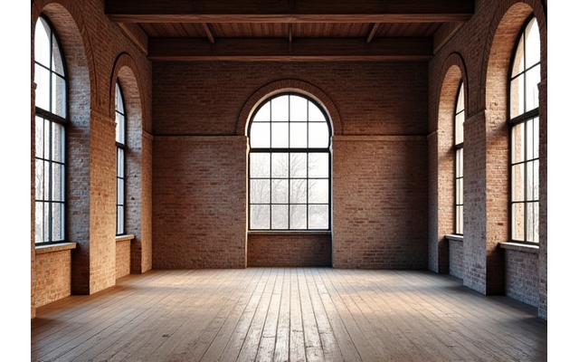 Interior of a historic brick building with arched windows, suitable for an elegant house music event.