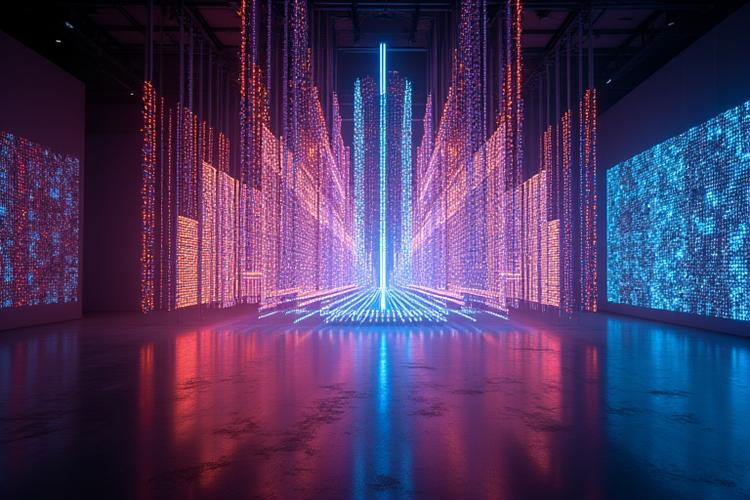 Intricate LED light installation glowing with blue and pink hues, synced to music beats, in a dark event space.