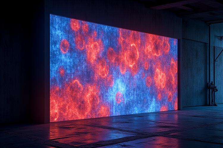 Complex projection mapping displaying abstract geometric patterns on an architectural surface in a dark room.