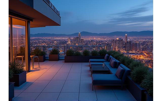 Modern rooftop patio at dusk with string lights and urban Denver skyline in the background.