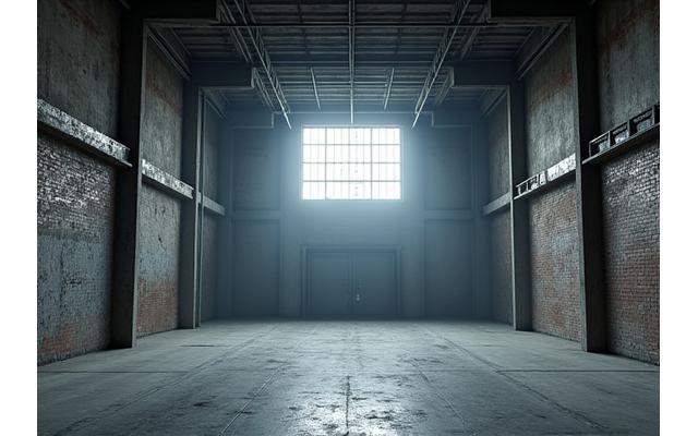 Empty industrial warehouse space with concrete floors and high ceilings, subtly lit with a single spotlight.
