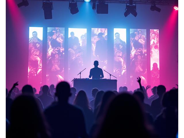DJ performing for a hybrid audience with in-person crowd and virtual viewers on screens